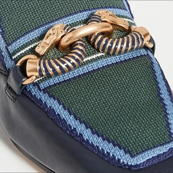 Tory Burch Loafers Jessa 20MM Calf Leafer in Navy Green Gold Chain - Picture 5 of 8